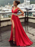 A Line Red V Neck Side Slit Satin Prom Dress LBQ4165